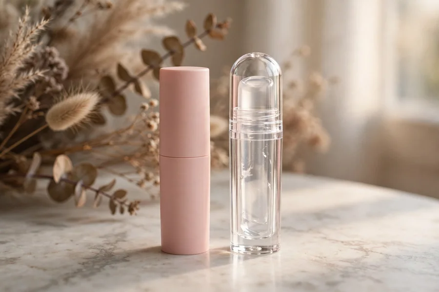 Two luxury lip balm tubes in blush pink and clear gloss on marble