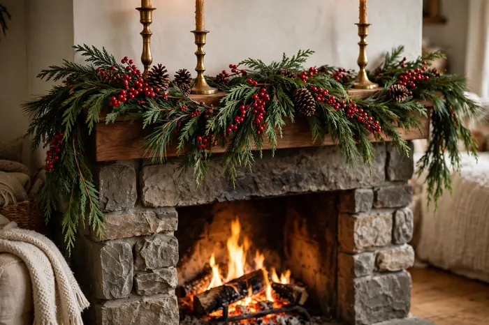 Fireplace mantel with real evergreen garland, red berries and candles for christmas home decor