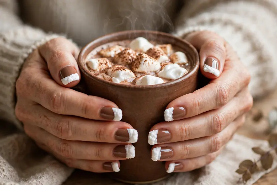 Cream marshmallow French tip hot chocolate nails on real hands holding a mug of cocoa