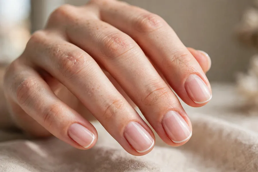 Milky pink micro French nails with soft white tips
