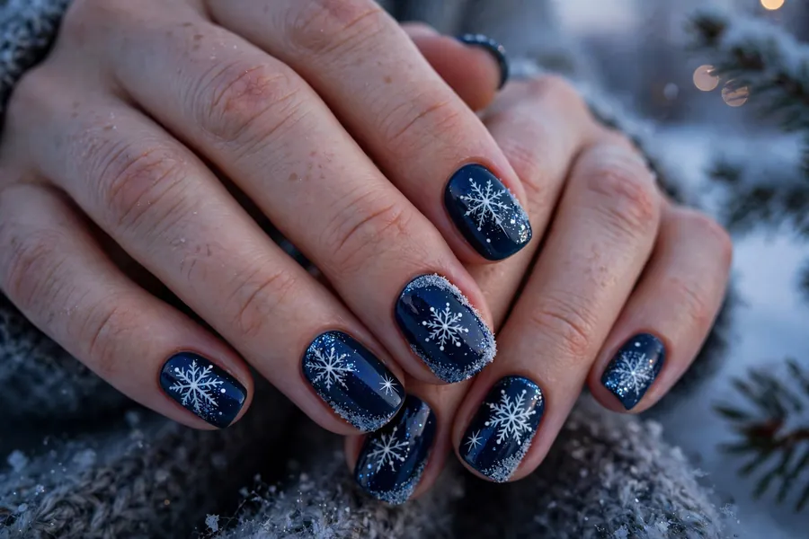 White snowflake nail art on deep midnight blue nails with frosty glitter on real hands