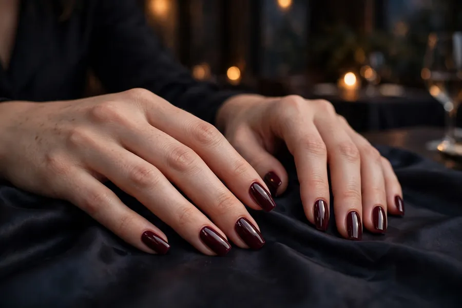 Deep wine burgundy glossy date night nails on real hands on a dark silk tablecloth