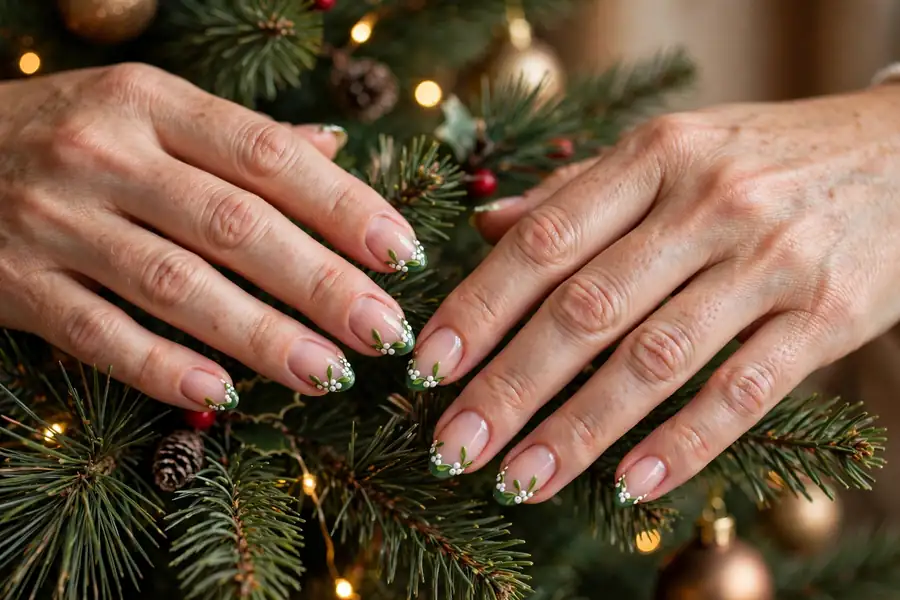 Mistletoe French tip mistletoe nails with green leaves on real hands by a Christmas tree