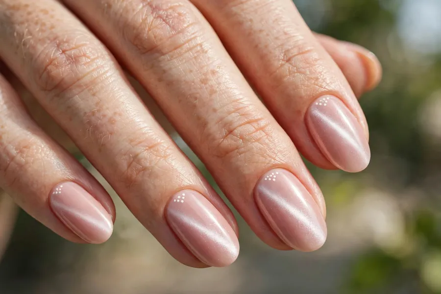 Nude blush polka dot cat eye nails with delicate white dots