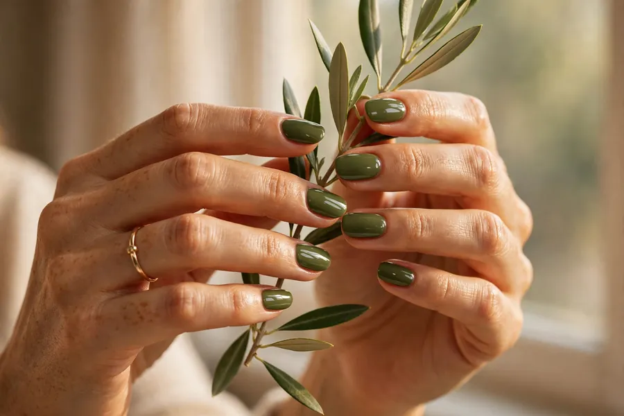 Olive green glossy earthy nails on real hands