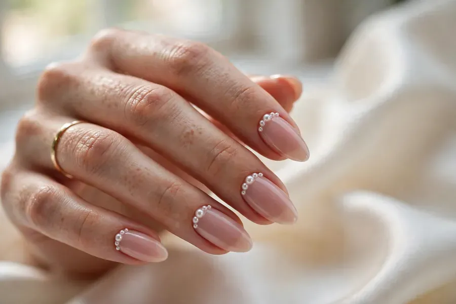 Bridal nails adorned with tiny pearls along the cuticle