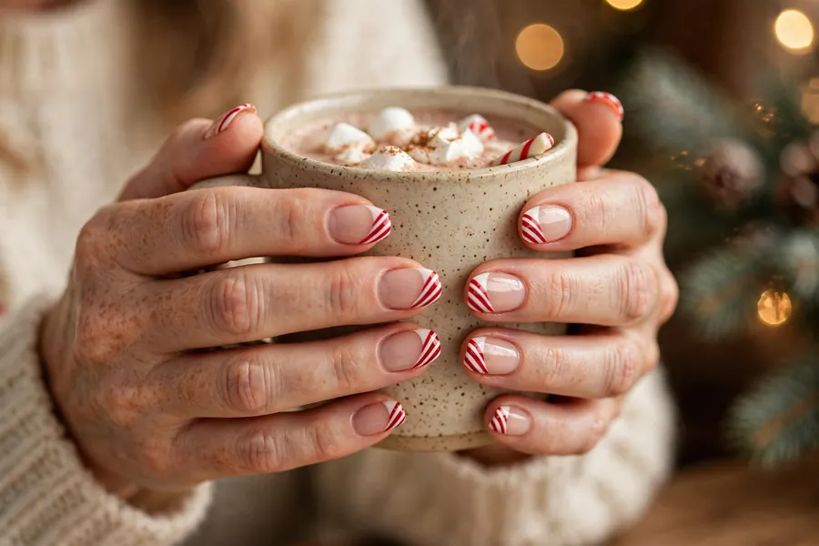 Peppermint French tip nails with red and white striped tips on real hands