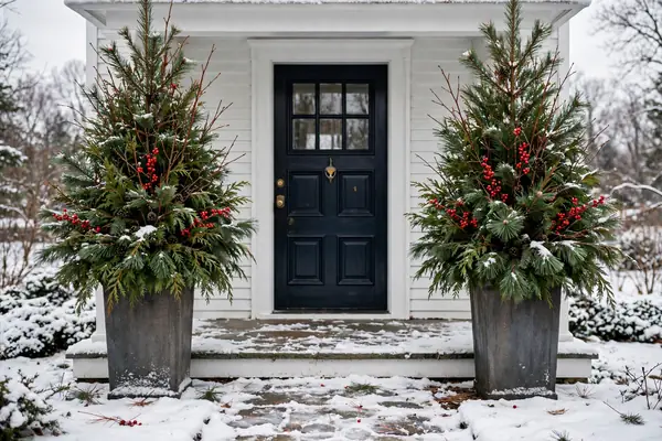 Photorealistic photograph of two tall evergreen planters flanking a winter front door on a snowy porch