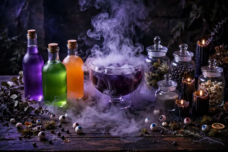 Halloween potion cocktail bar with colorful drink bottles, smoking punch bowl and black candles