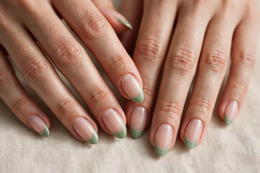 Sage green French tips on bare nude nails