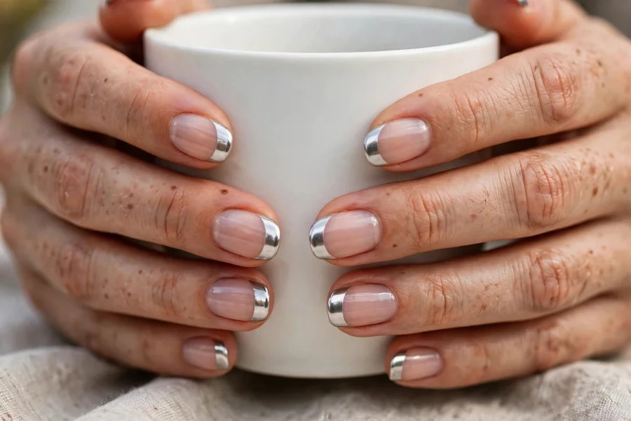 Silver chrome French tip nails on real hands holding a white coffee cup