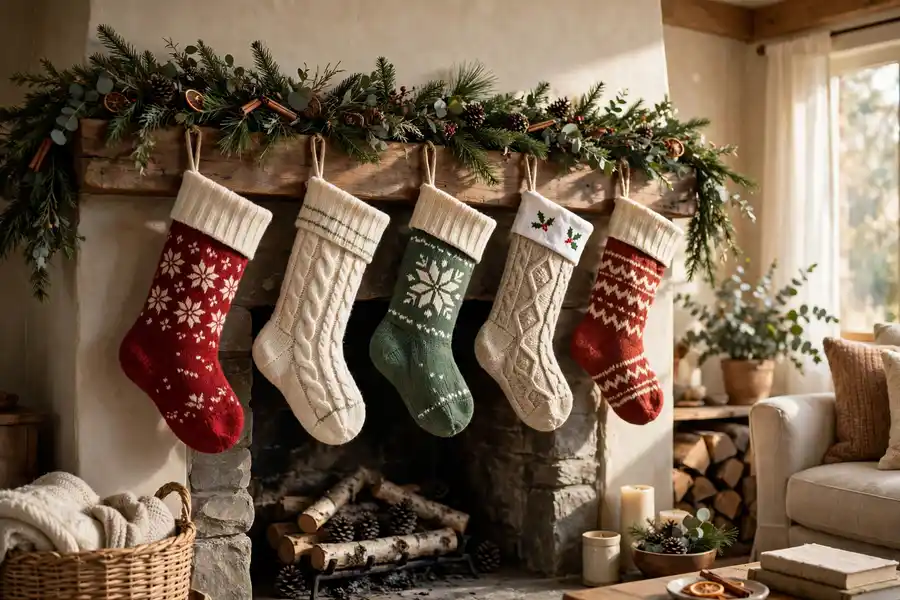 Christmas stockings hung in a row from a decorated fireplace mantel