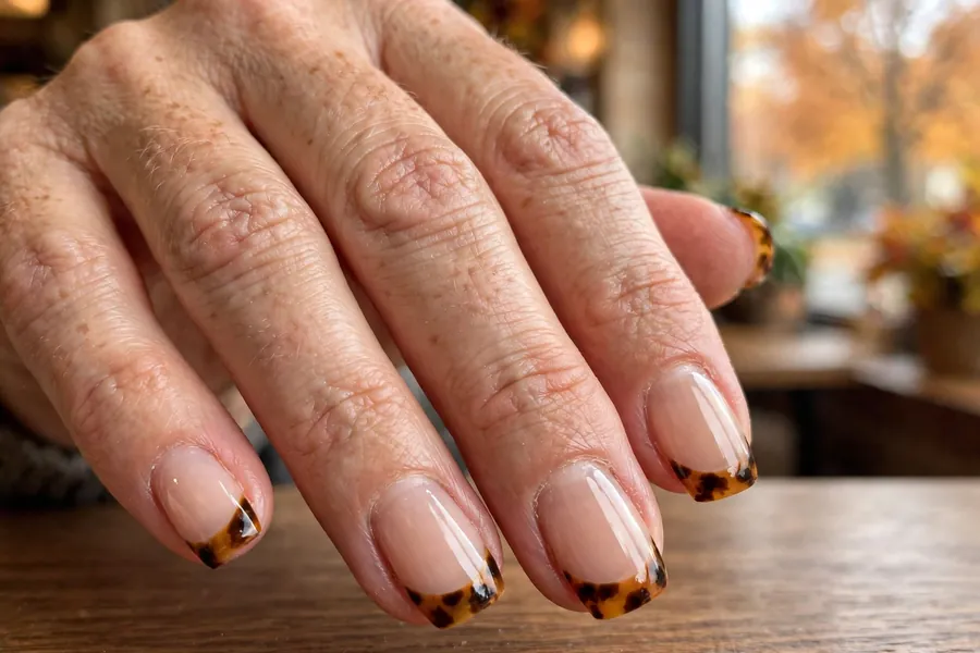 Tortoiseshell French tip nails on a nude base