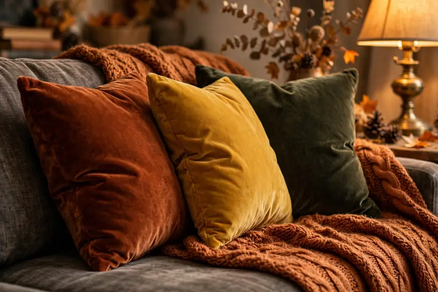 Fall home decor ideas with velvet cushions in rust mustard and olive