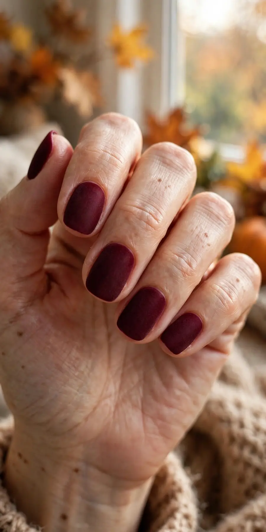 Matte burgundy nails with a soft velvet finish