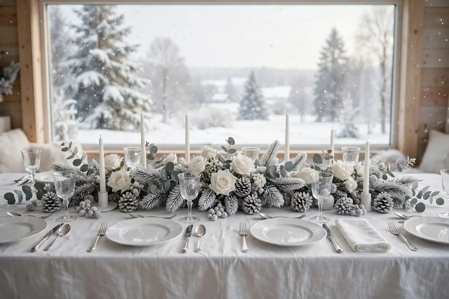 All-white winter christmas table setting with frosted pinecones