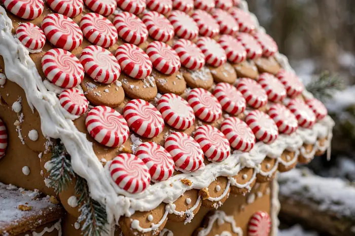 Photorealistic photograph of a gingerbread house roof tiled with red and white peppermint candies