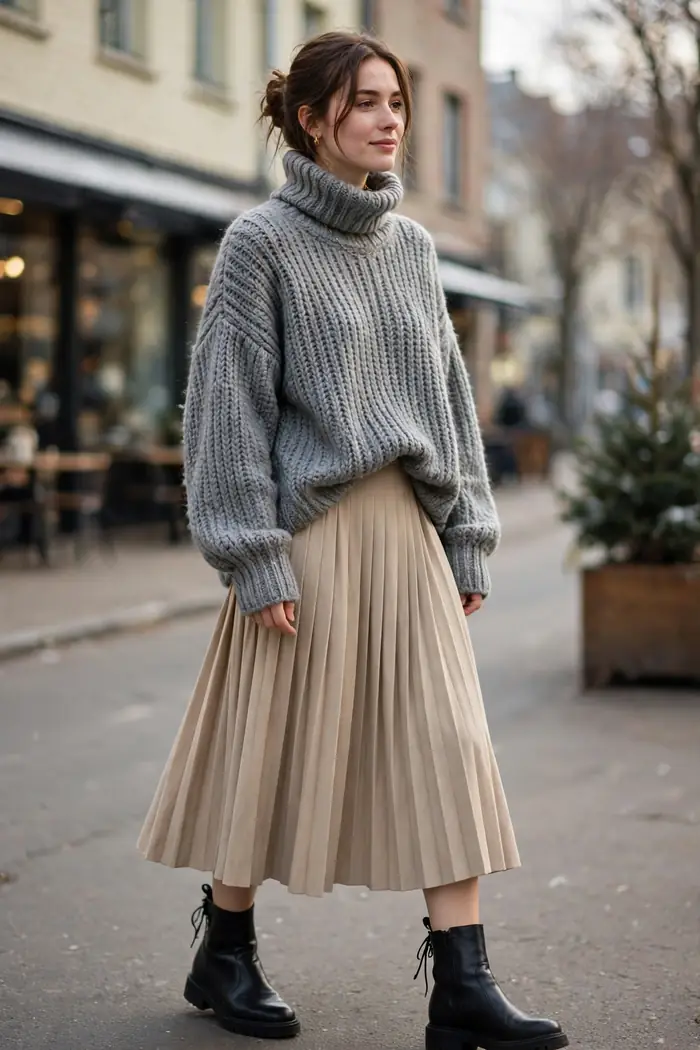 Woman wearing an oversized grey turtleneck with a pleated midi skirt and ankle boots