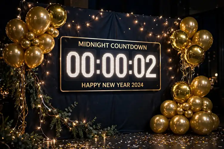 Midnight countdown clock backdrop with gold balloons at a New Year's Eve party