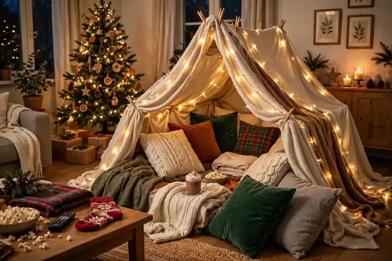 Blanket fort with fairy lights and cushions in a living room ready for a Christmas movie night