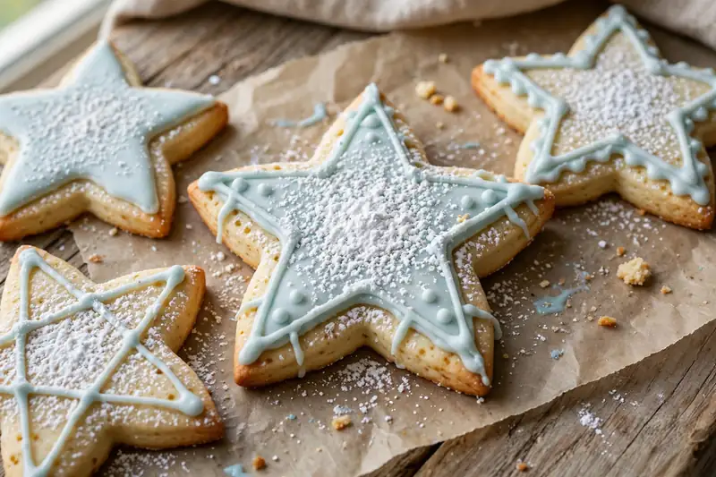 Star-shaped sugar cookies dusted with white sugar and pale blue icing