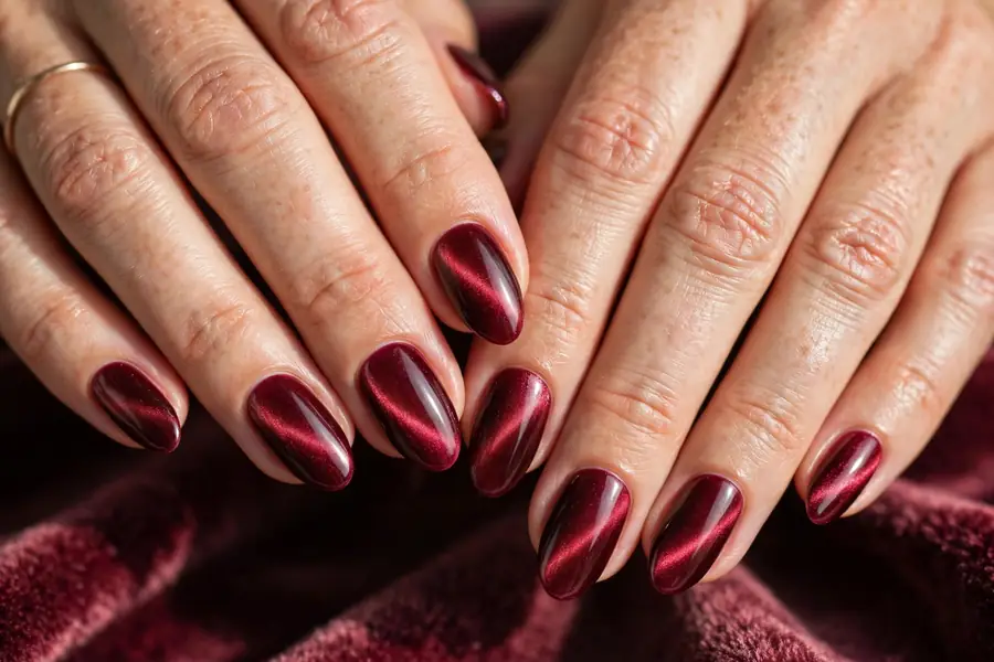 Cranberry velvet cat eye nails with soft shimmer