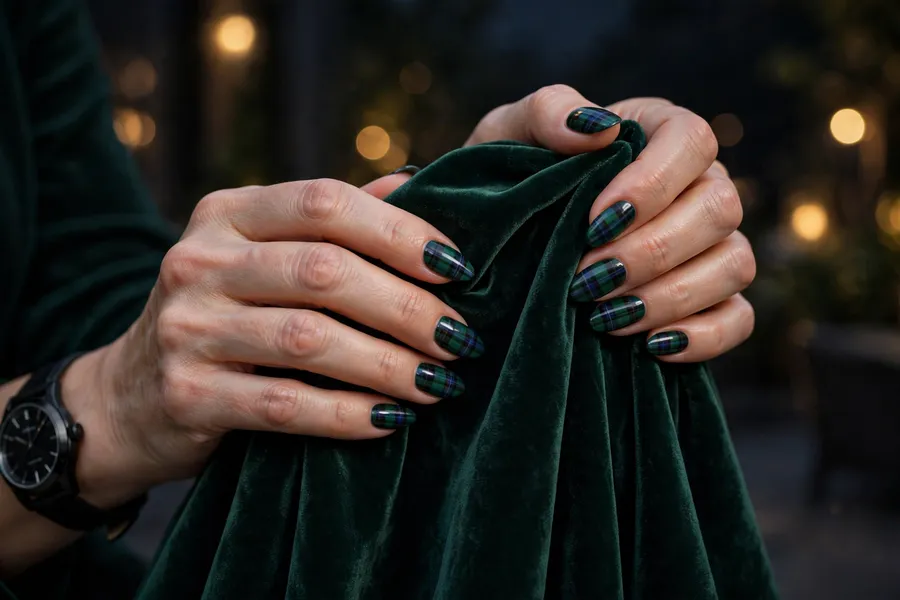 Black watch plaid nails on almond shaped nails