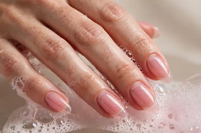 Almond shaped bubble bath nails in sheer pink on real hands