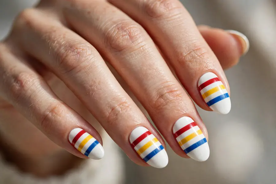Bauhaus red yellow blue striped almond nails on real hands