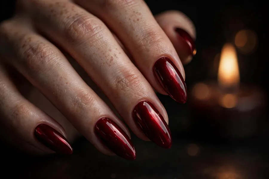 Blood-red gothic chrome nails with a wet lacquer finish