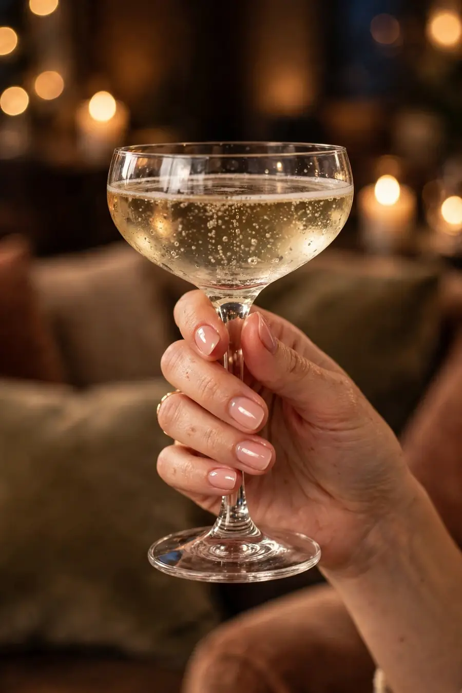 Blush pink nude glossy date night nails on real hands holding a champagne coupe