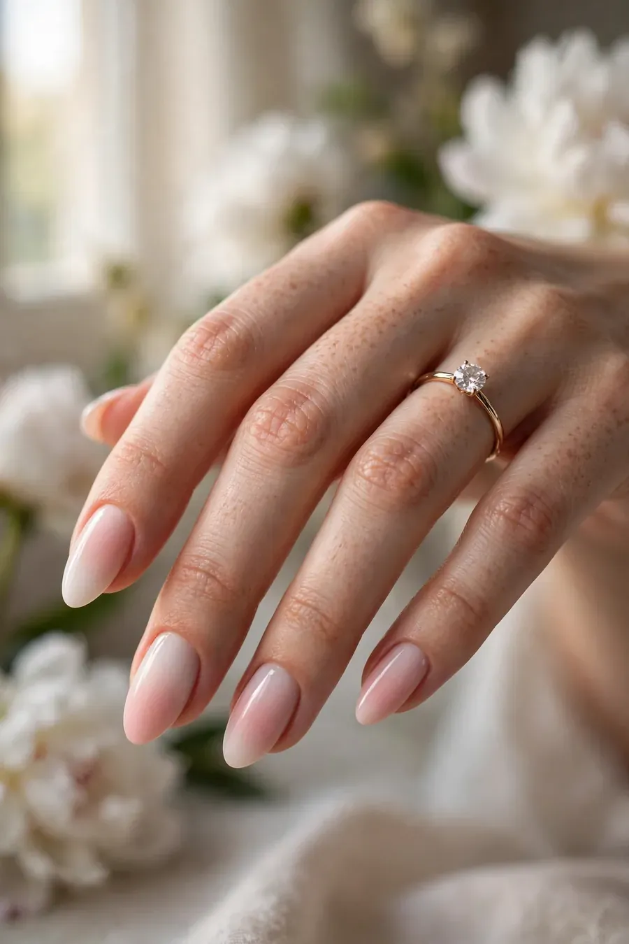 Soft blush ombré bridal nails fading from white to pink
