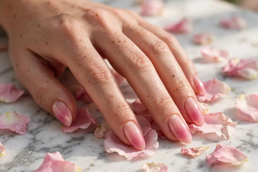 Blushing pink ombré Valentine's Day nails in almond shape