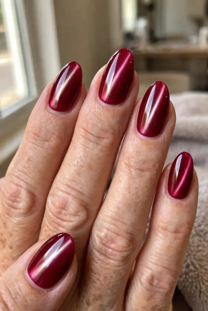 Deep ruby red magnetic cat-eye nails