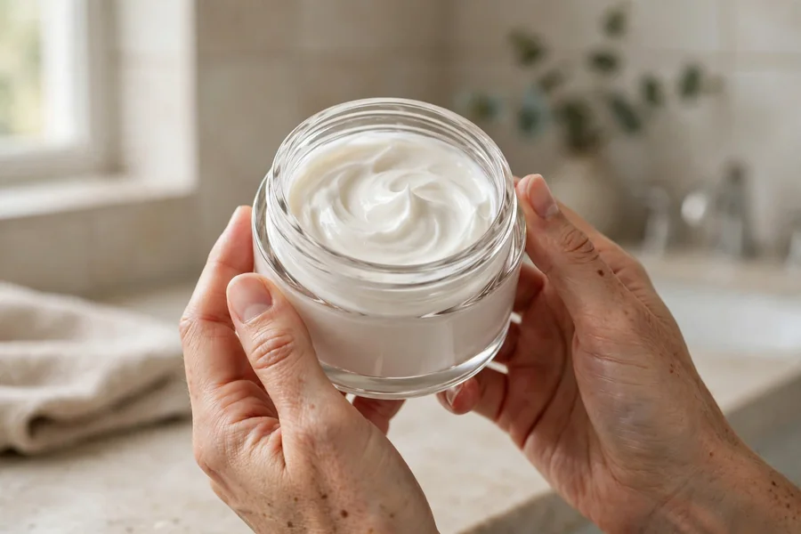 Hands holding a jar of ceramide moisturizing cream