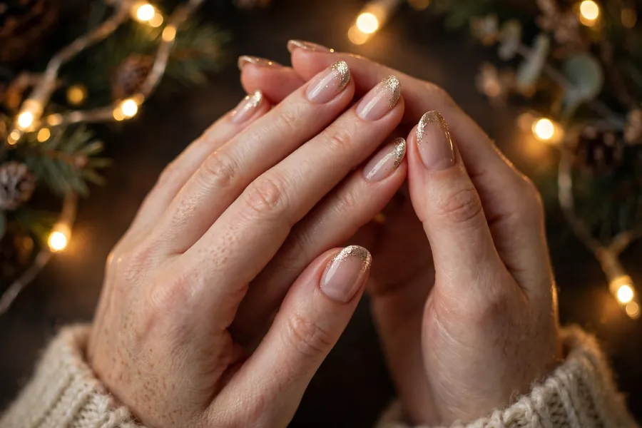 Champagne gold glitter Christmas French tip nails on real hands under warm holiday lights
