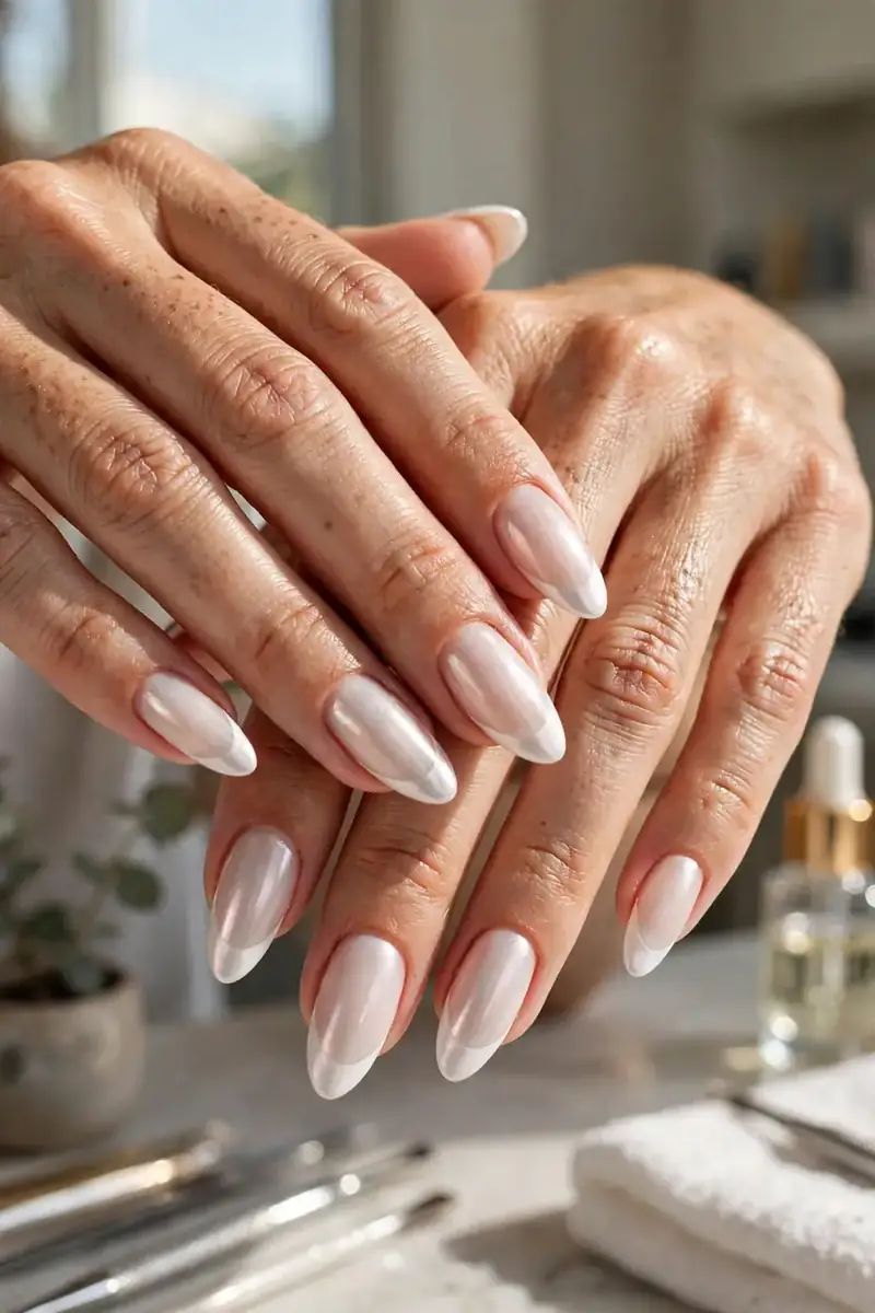 White chrome French tips on milky white chrome nails, almond shaped