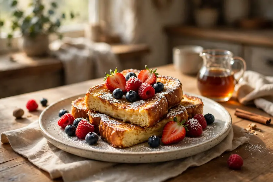 Eggnog French toast with powdered sugar and berries on a plate