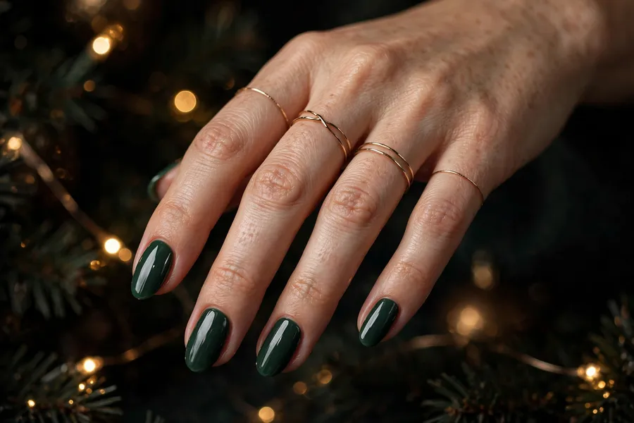 Evergreen elegance december nail ideas in deep pine green with a glossy finish