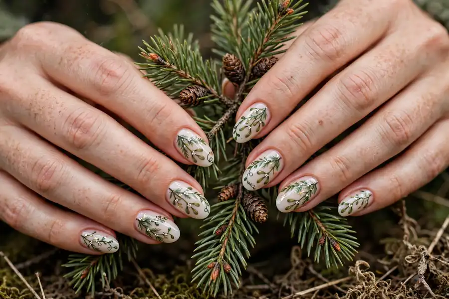 Evergreen mistletoe garland design on mistletoe nails on real hands holding pine branches