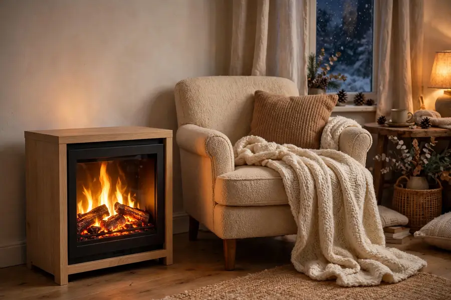 electric fireplace glowing in a cozy winter living room