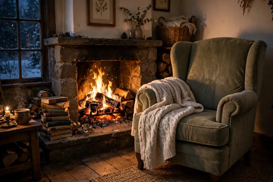 Cozy armchair beside a fireplace with a crackling fire books and a blanket