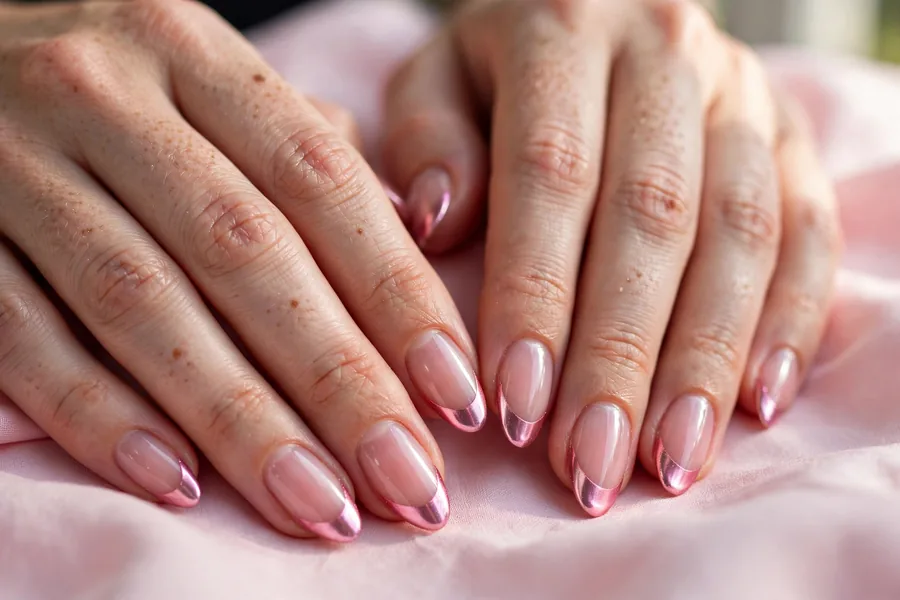 French-tip jelly pink chrome nails with shimmering chrome tips