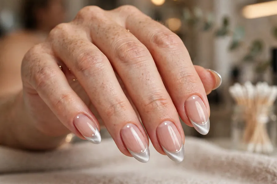 French tip polka dot cat eye nails with tiny dots on a nude base