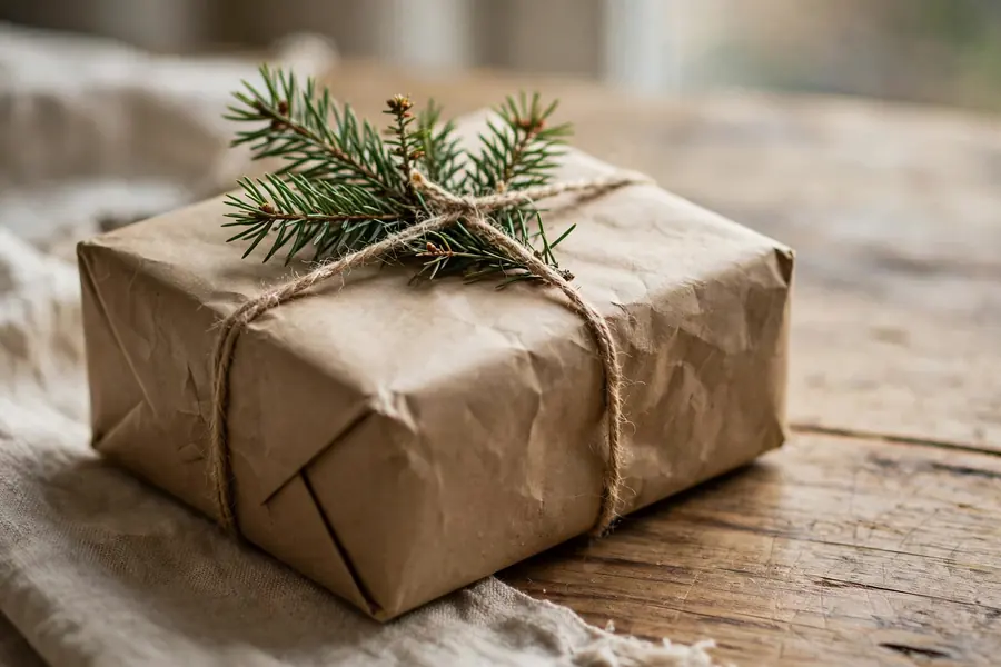 A Christmas gift wrapped in kraft paper with a fresh pine sprig tucked under twine