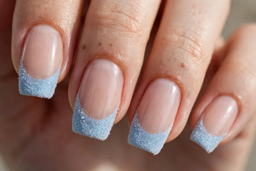 Frosted icy blue French tip nails