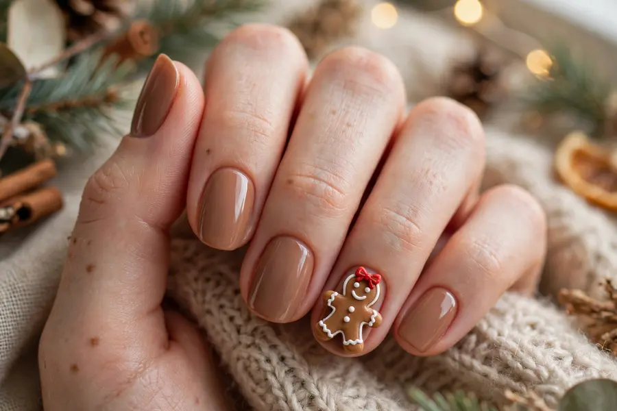 Gingerbread man accent nails with a cute cookie man on one nail on real hands