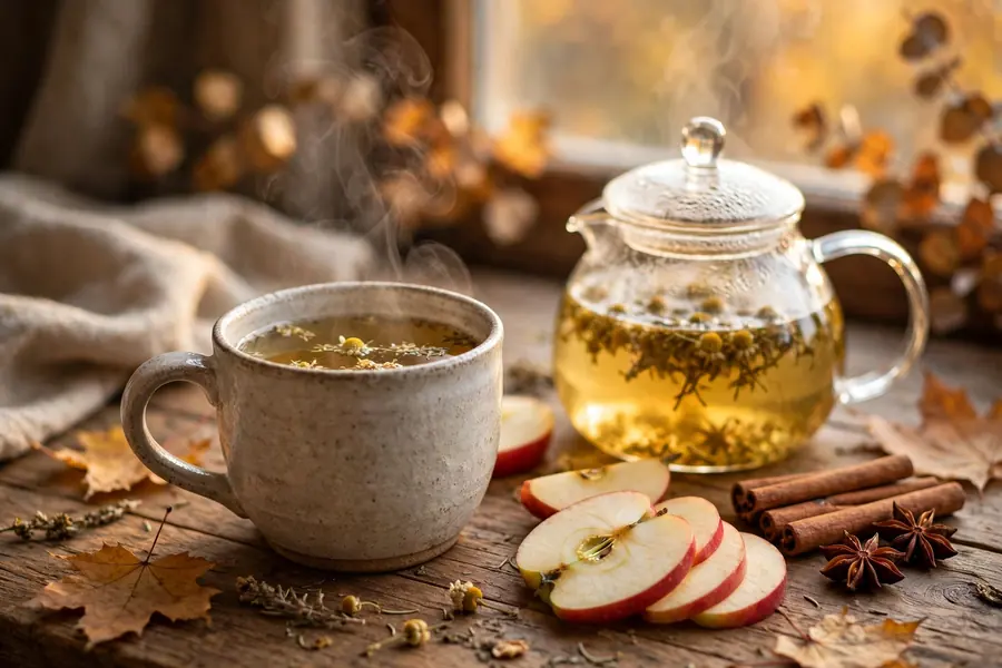 Steaming herbal tea cup for a cozy fall self care routine