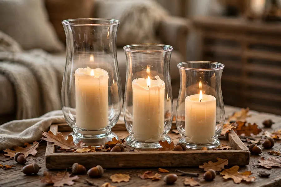 Fall home decor ideas with hurricane candles clustered on a coffee table