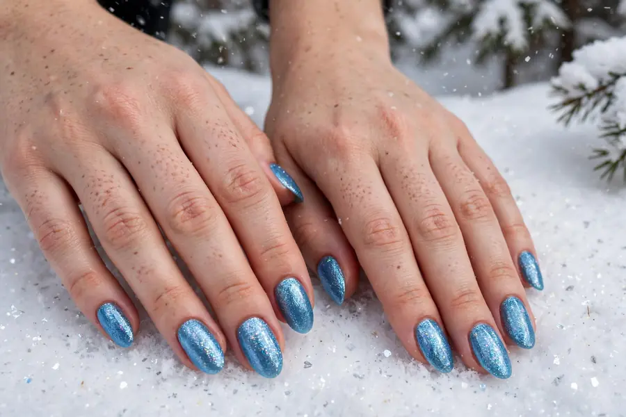Icy blue glitter nails on real hands against a snowy background